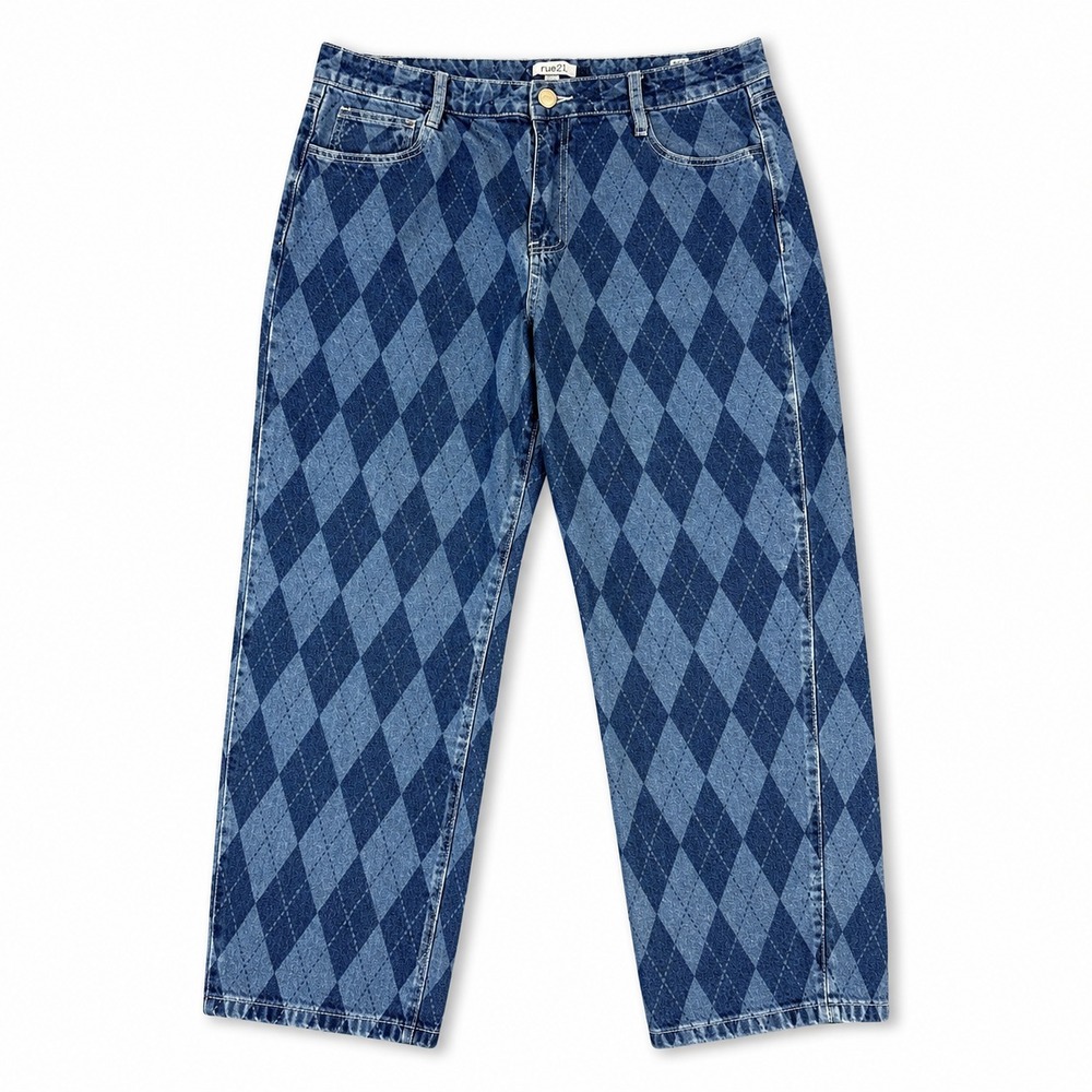 Rue21 Womens Size 16 Argyle Denim Capri Jeans High Rise Blue Cotton Y2K